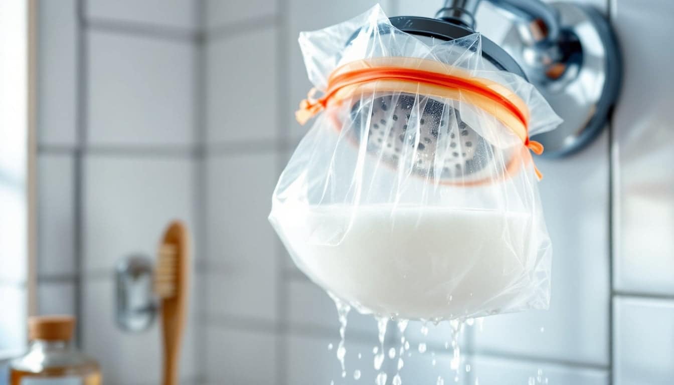 A chrome shower head soaking in a clear plastic bag of white vinegar tied to the shower arm with a rubber band