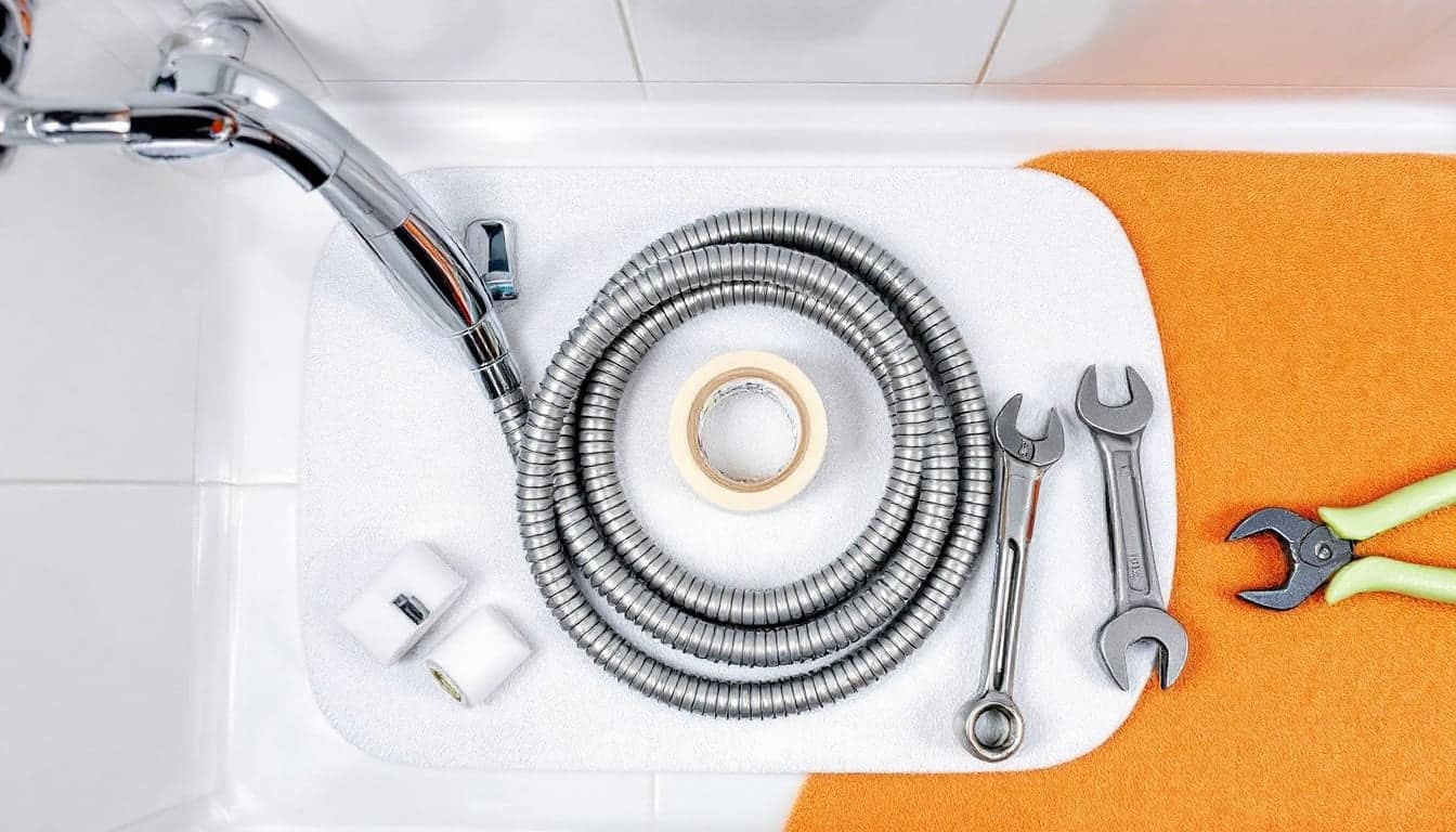 A new chrome handheld shower head with its hose and bracket laid out on a white bath mat beside a roll of thread tape and pliers