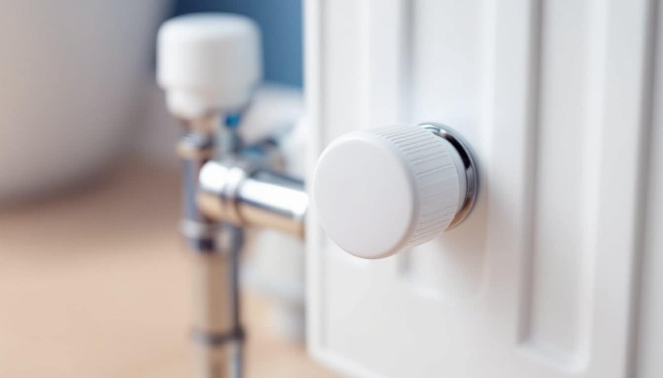 White thermostatic radiator valve head on the lower corner of a white panel radiator, with a plain white lockshield cap on the opposite corner