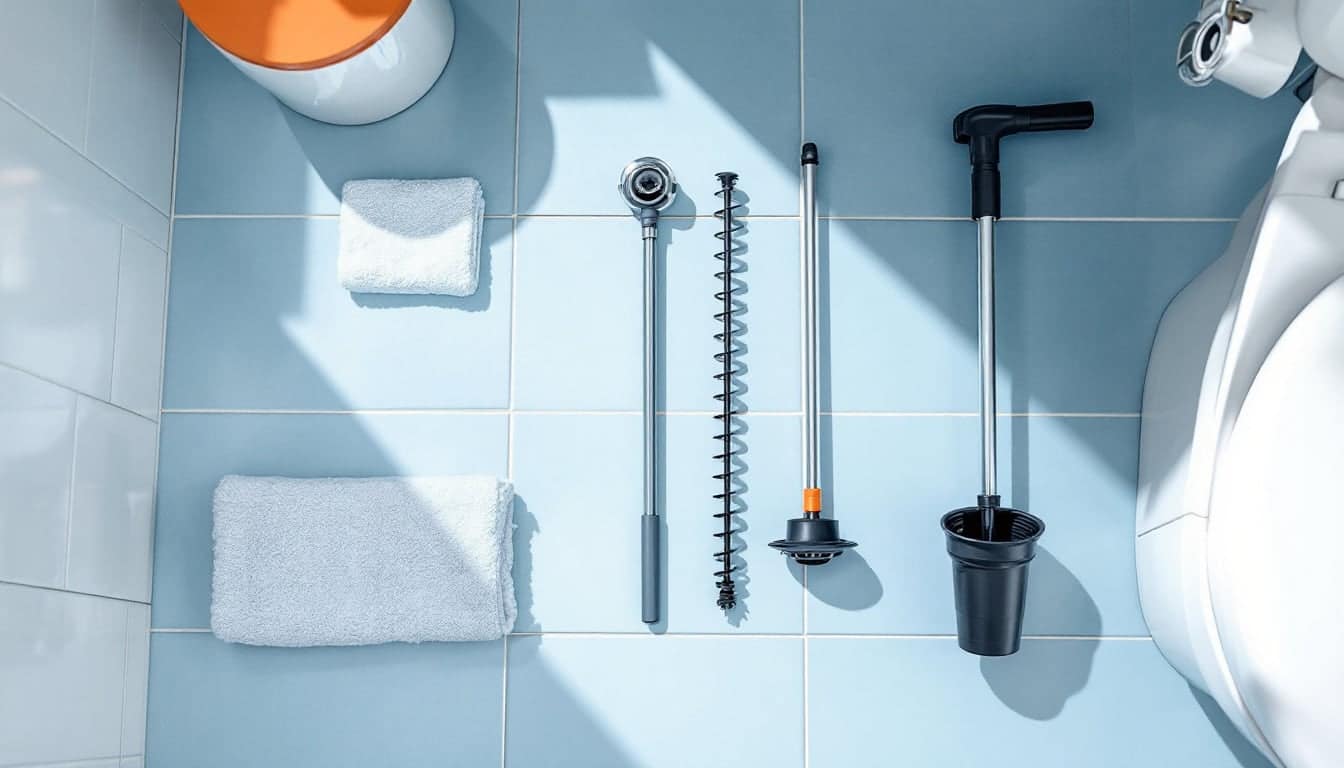 A hand drum auger, a plastic barbed drain strip and a toilet auger with a rubber boot laid side by side on pale blue bathroom tiles