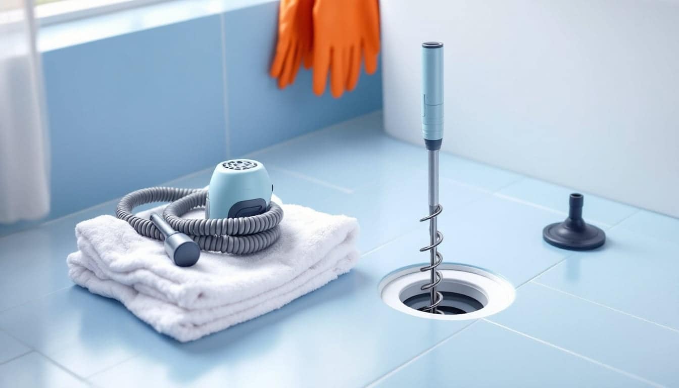 A cordless handheld drain auger with a coiled steel cable on a folded white towel beside an open bathtub drain, with orange rubber gloves and a sink plunger