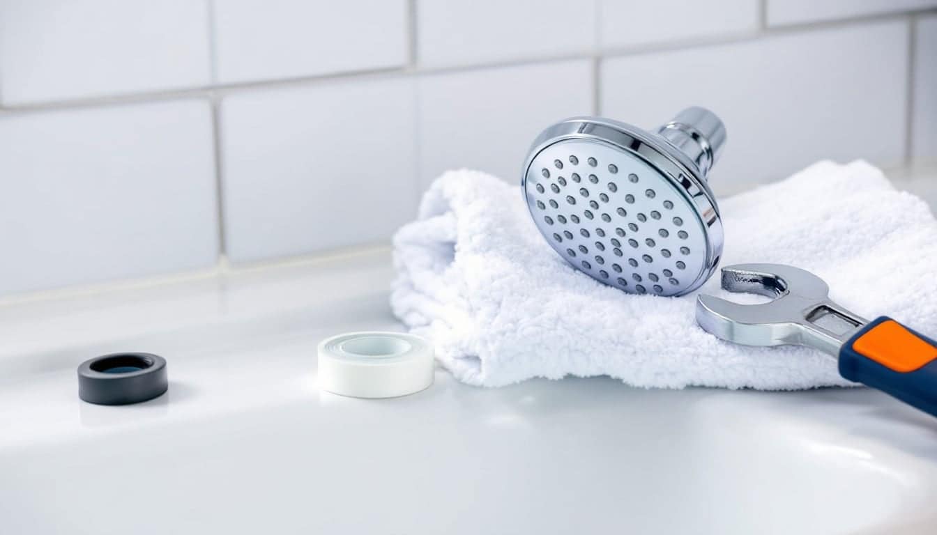 A chrome shower head unscrewed from its arm on a towel, with a black rubber washer, a roll of white thread tape and an adjustable wrench