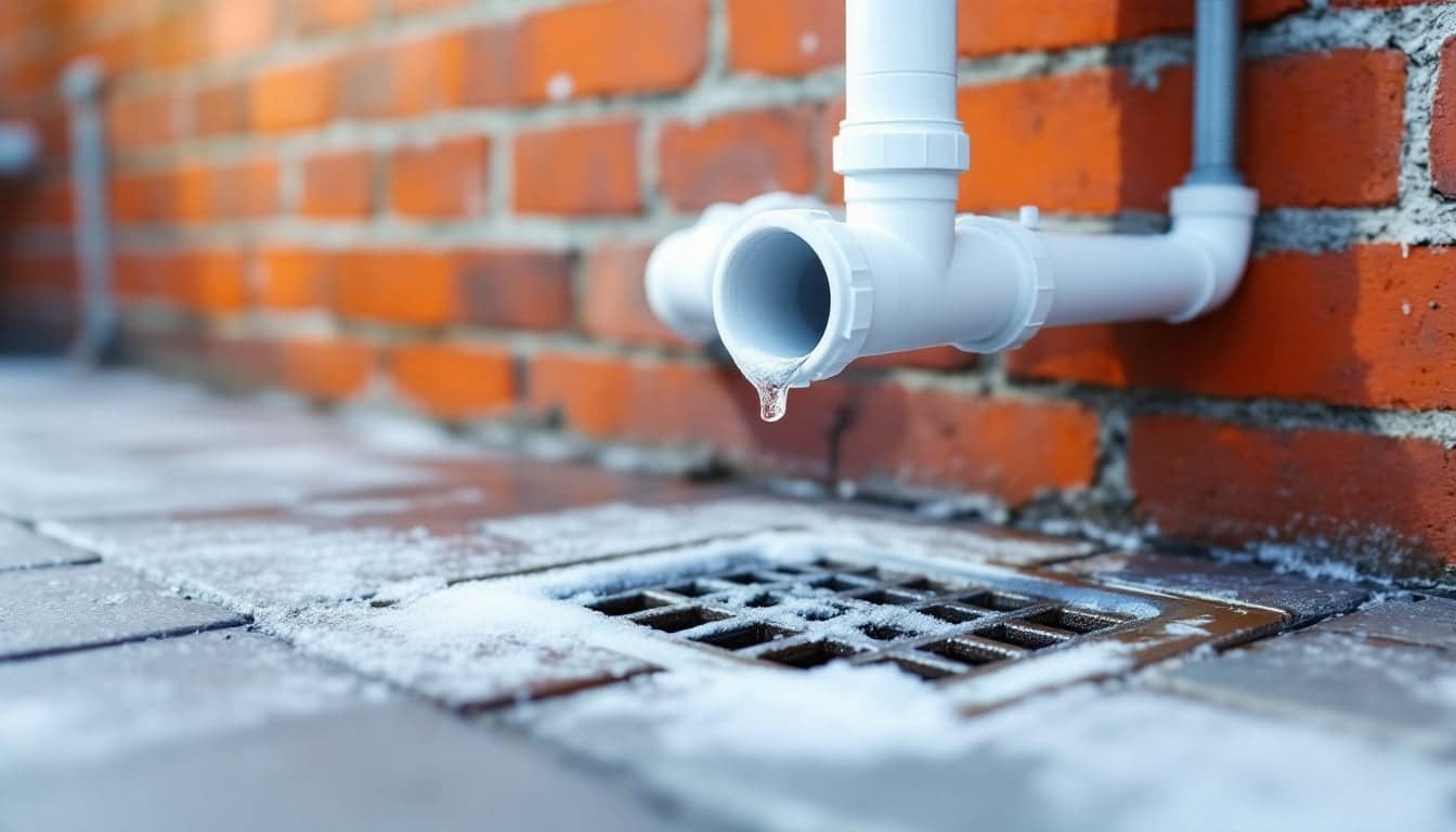 A white plastic condensate pipe running down an outside brick wall into a drain gully, with frost on the pipe and the paving