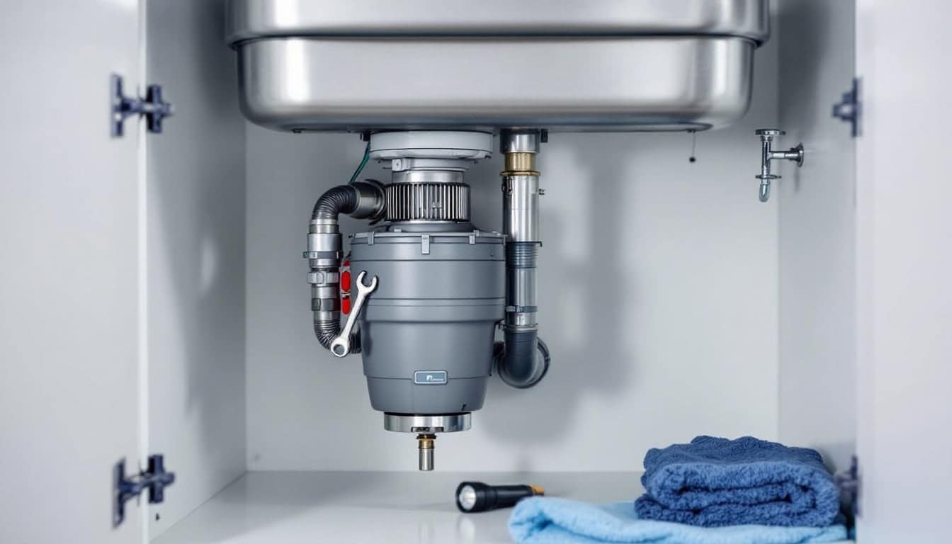 Underside of a kitchen sink showing a garbage disposal unit with a small hex wrench fitted into the socket on its base