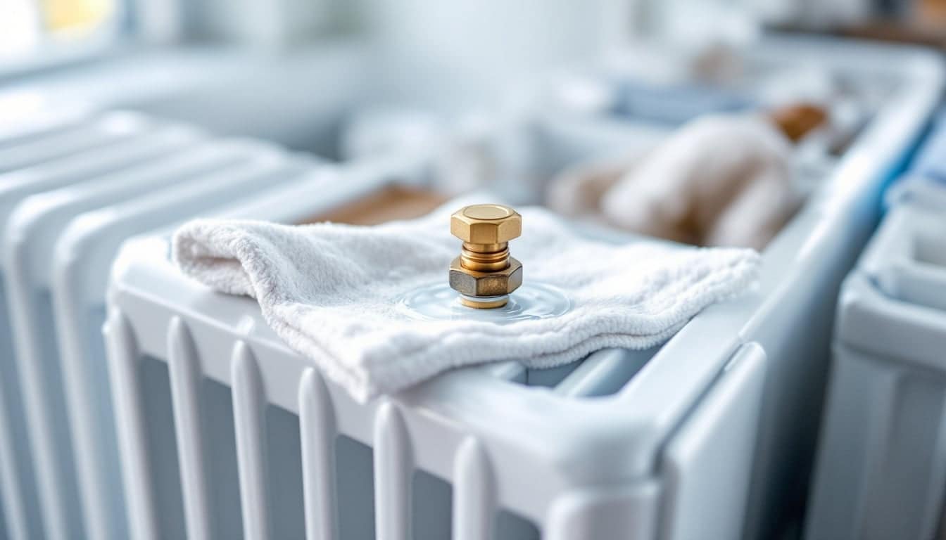 Brass radiator key fitted in the bleed valve at the top corner of a white panel radiator, with a folded white cloth tucked beneath it
