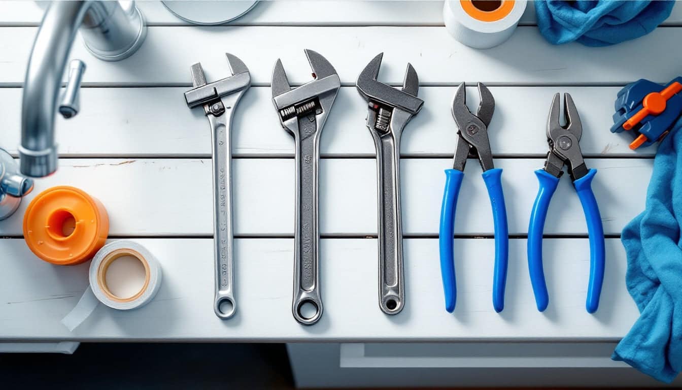 A red pipe wrench, a basin wrench, an adjustable wrench and tongue-and-groove pliers lined up on a white workbench next to a chrome faucet