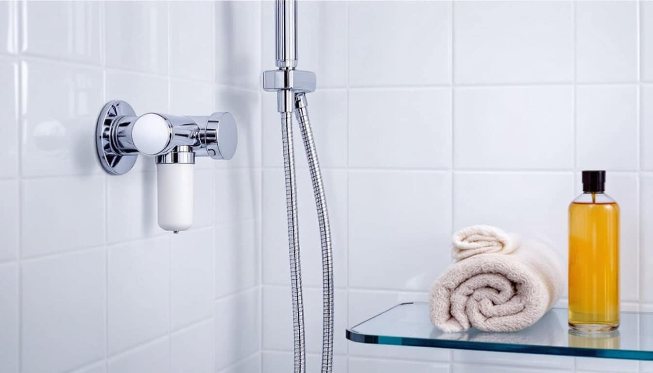 A chrome inline shower filter fitted between a shower arm and a round shower head above white wall tiles