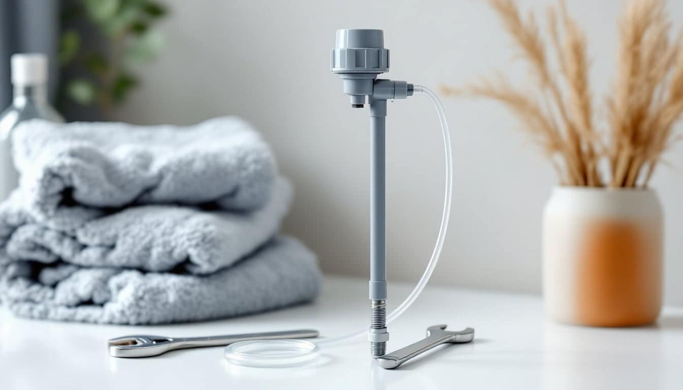 Open white toilet tank with a new grey plastic fill valve on the left and a thin refill tube clipped to the overflow tube